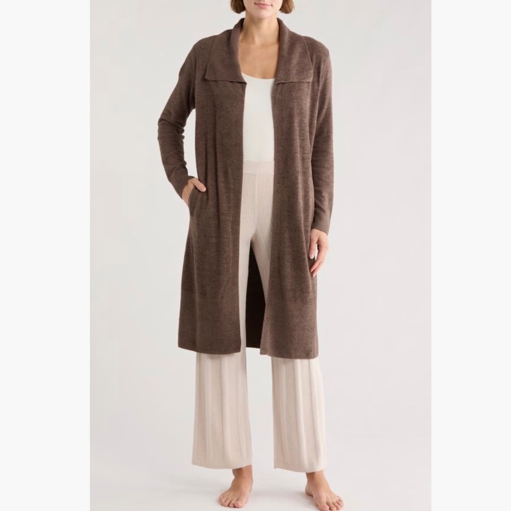 Barefoot Dreams CozyChic Ultra Lite Wide Collar Long Cardigan Java SZ L